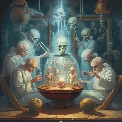 elderly men in white lab coats dissect skeletons under a blue light in an eerie laboratory setting
