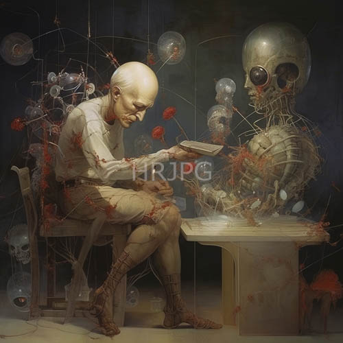 High Resolution: Elderly Man in White Attired with Skeletal Hands Offering Red Flowers at a Table download. | HRJPG.com