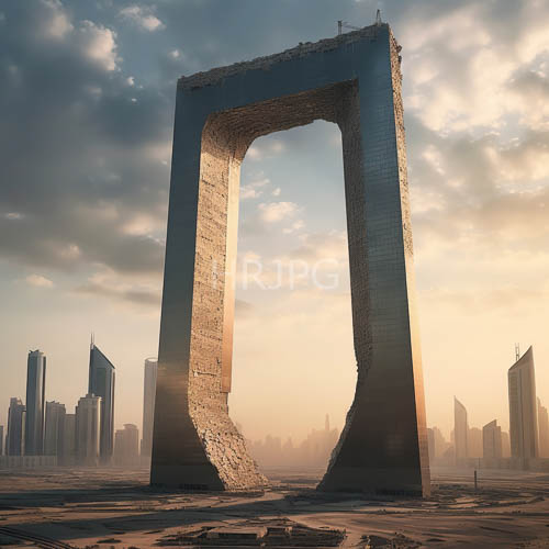 ancient futuristic gateway collides with desert light and city skyscrapers