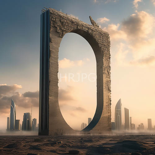 windblown sand dunes surround a towering glass skyscraper near water