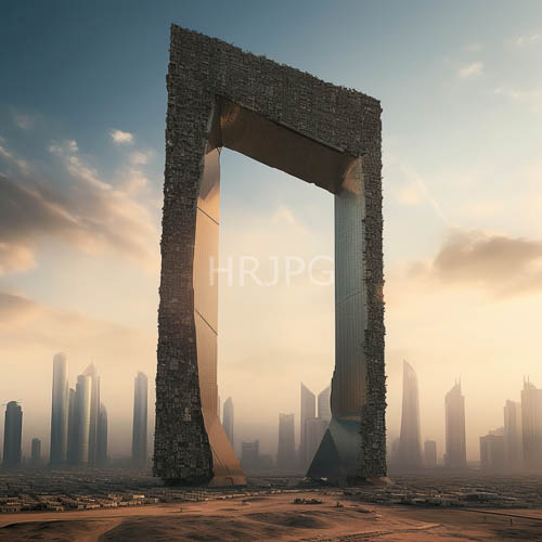 ancient desert city archway framing geometric skyscrapers at orange sunset