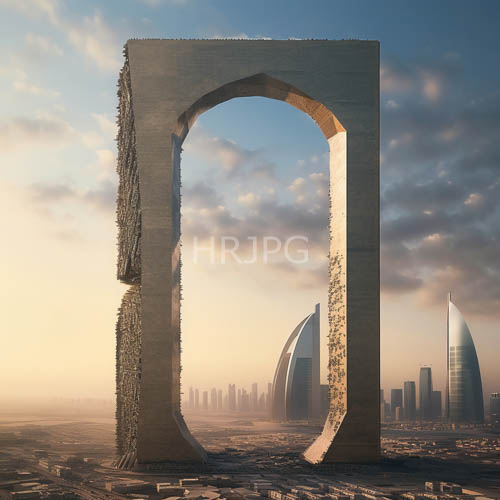 massive stone archway juxtaposes rough surfaces with sleek skyscrapers at sunset cityscape