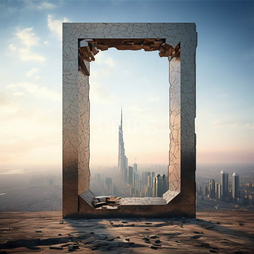 cracked frame frames fractured fusion of ancient and modern structures in cityscape at sunset