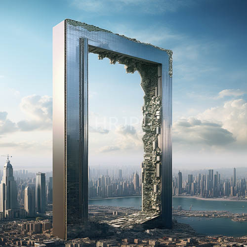 High Resolution: Colossal Rectangular Metallic Structure in Urban Expanse with Jagged Damage and Textural Details download. | HRJPG.com