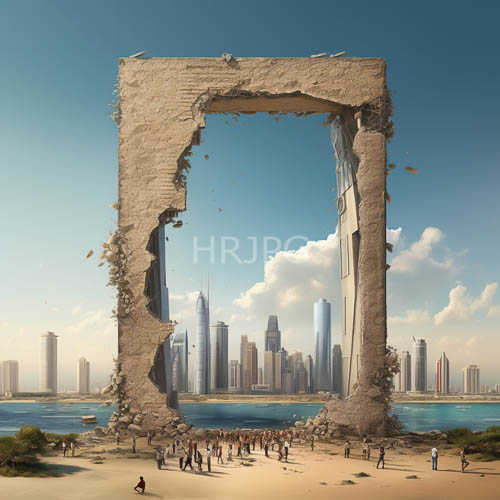 crumbling stone archway frames new york city skyscrapers and sandy beach landscape