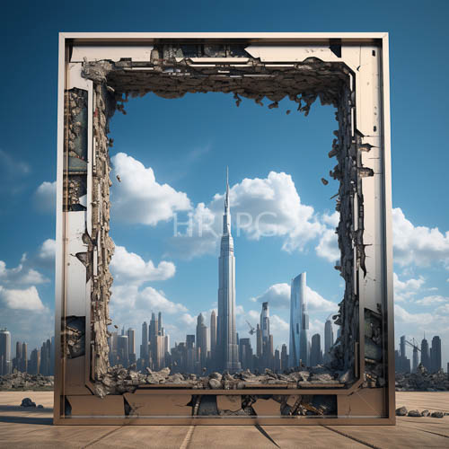 nyc skyline framed by crumbling metal aperture amidst manhattan skyscrapers under azure sky