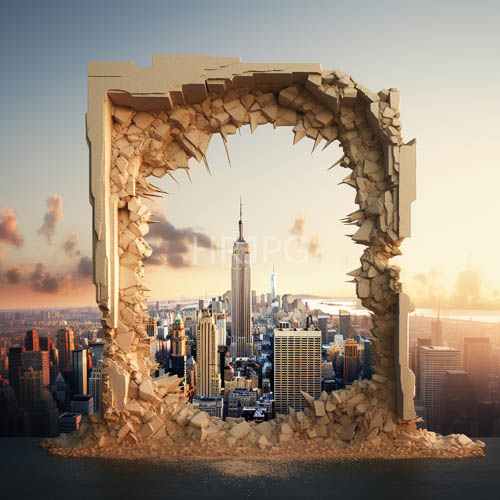 new york cityscape fragmented through concrete aperture of empire state building