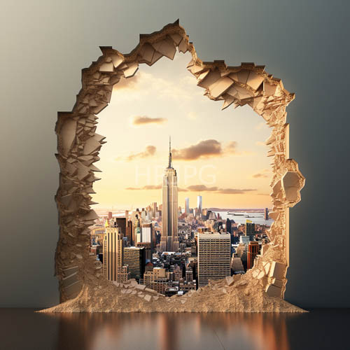 manhattan skyline emerges jaggedly from weathered parchment fragmentation