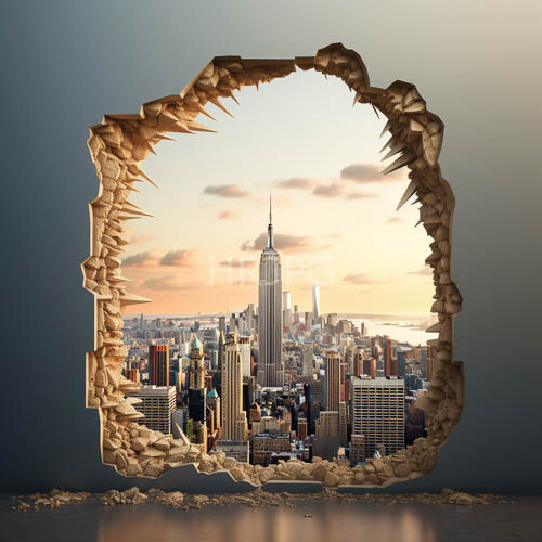 High Resolution: Irregular Stone Opening Frames Empire State Building in Fading Golden Light download. | HRJPG.com