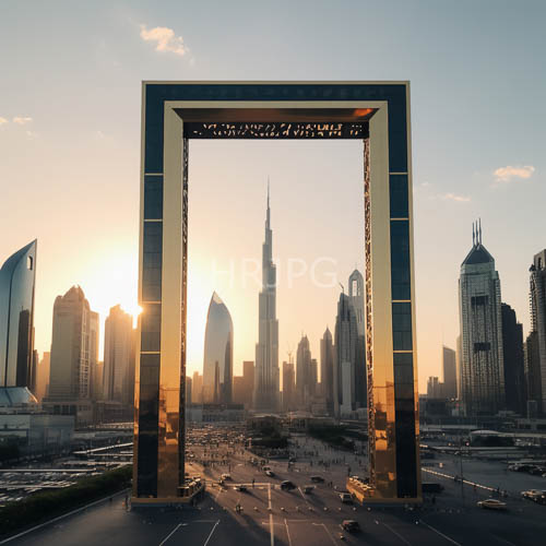 dubais modern horizon framed by enormous bluegold archway and futuristic glass buildings