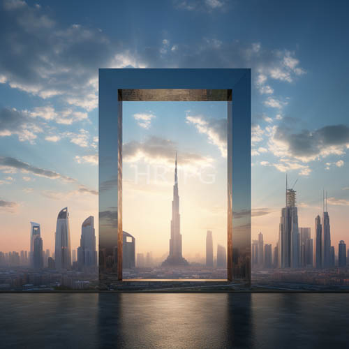 High Resolution: Metallic rectangle reflects pastel sunset light in Dubai across Burj Khalifa rooftop download. | HRJPG.com