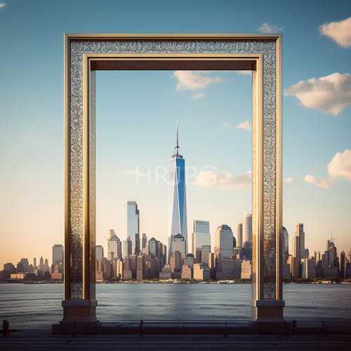 ornate window frame contrasts with modern skyscrapers against clear blue new york sky