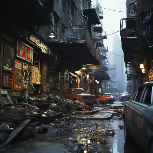 rainy urban alleyways reflect dim overhead lamps amidst trash and vintage posters
