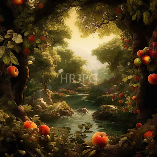 forest canopy filtering emerald light through lush mossy stones amidst tranquil apple trees