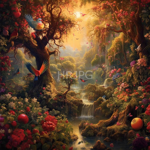 majestic tree adorned with vibrant red blossoms in forest sunset