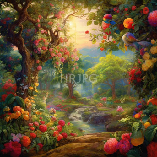 garden path unfolds through sunlit forest filled with blooming pink and red flowers