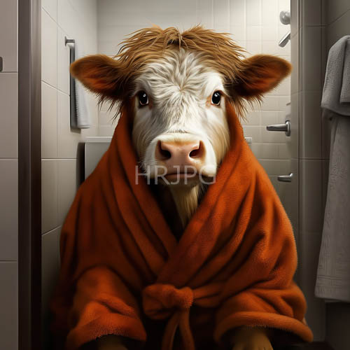 long horns frame shaggy fur beside modern white porcelain sinks