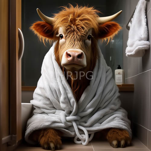 clear glass shower doors reflect plush terrycloth robes and long horns