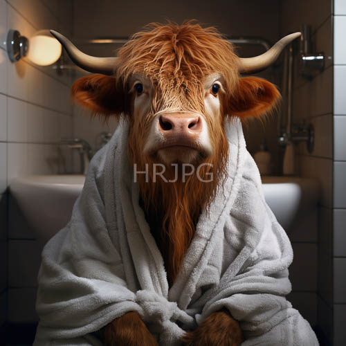 muted gray bathrobes drape over porcelain sink counters and shaggy fur