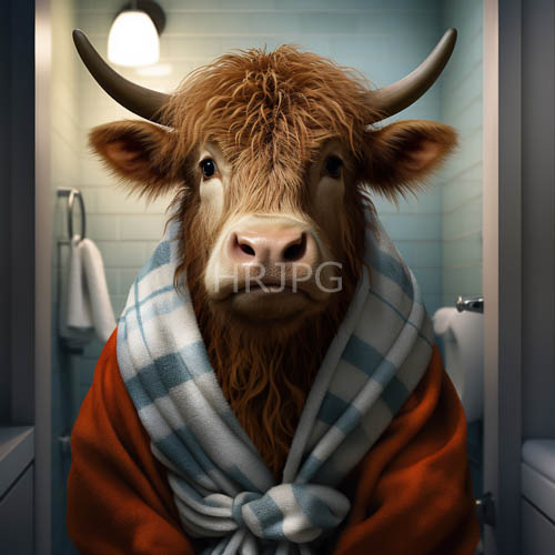 colorful checkered towels layer over bright orange bathrobes on shaggy fur