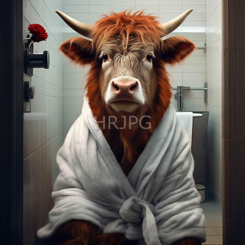 fluffy white bathrobes wrap around long horns and shaggy faces
