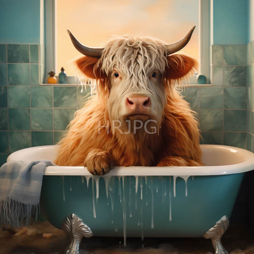 cool blue light bathes white porcelain bathtubs and long shaggy fur