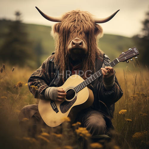 sundrenched grassy field serenade by highland cow musician with acoustic guitar