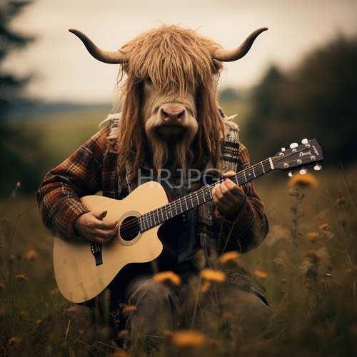 High Resolution: Highland Cow Performs Acoustic Guitar on Grassy Path Among Forest Canopy download. | HRJPG.com