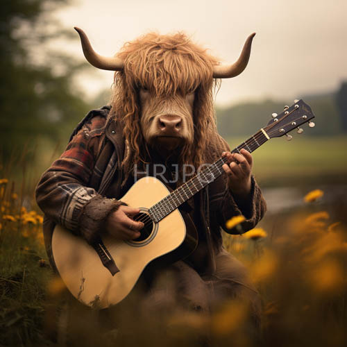 meadow musician highland cow plays acoustic guitar among yellow wildflowers and clouds