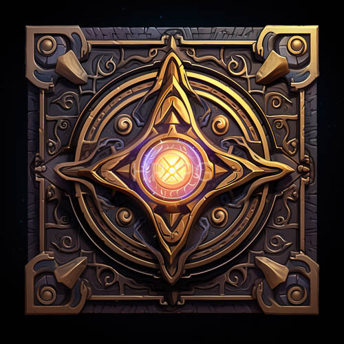 square medallions shimmer with swirling geometric patterns on glowing purpleorange core in deep space