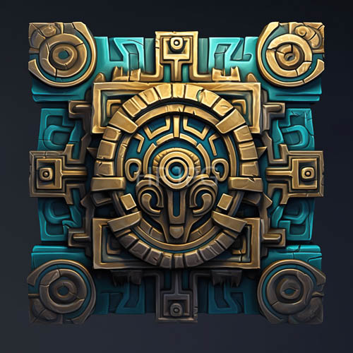 gold teal geometric designs dominate square frame intricate motifs tribal artistry