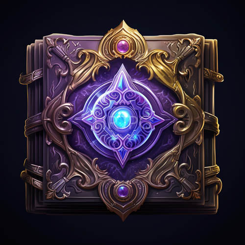 ornate square books with heavy golden scrollwork feature purple gemstones and glowing blue crystal