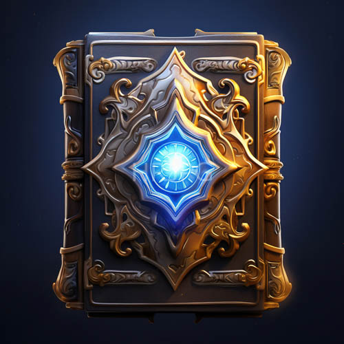medieval book covers with intricate blue carvings and glowing hexagonal crystals