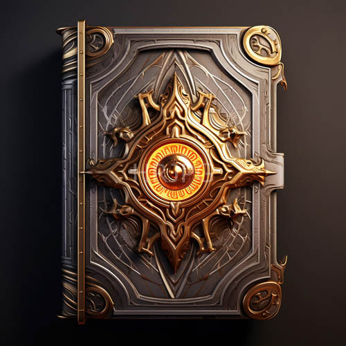 elegant geometric designs centered around a glowing circular emblem on dark gray metallic book covers