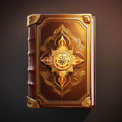 leatherbound tomes adorned with intricate carvings and ornate gold accents on weathered wooden shelves
