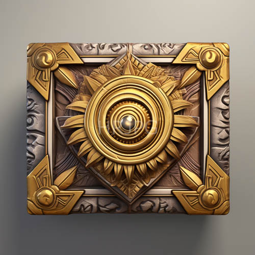 ornate metalwork with geometric sunburst patterns on gray background
