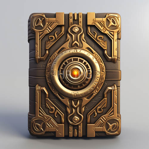 ancient tomes display intricate geometric carvings on metallic circle