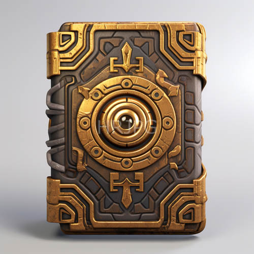 ancient leatherbound book with intricately etched hieroglyphic patterns and ornate golden accents