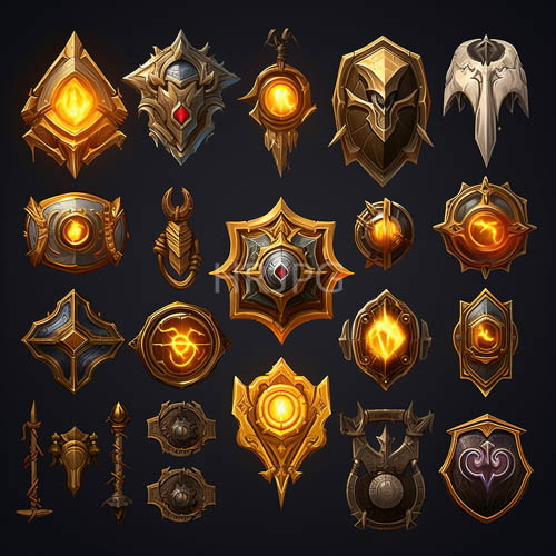fantasy armor icons showcased in intricate metallic patterns against gradient dark backgrounds