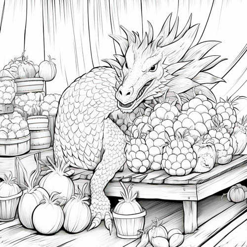 market stall dragon amidst grapes and vegetables with whimsical texture