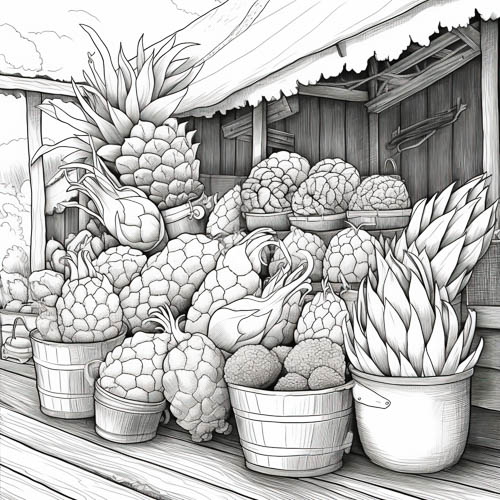 market stall with pineapples and wooden buckets in a rustic setting