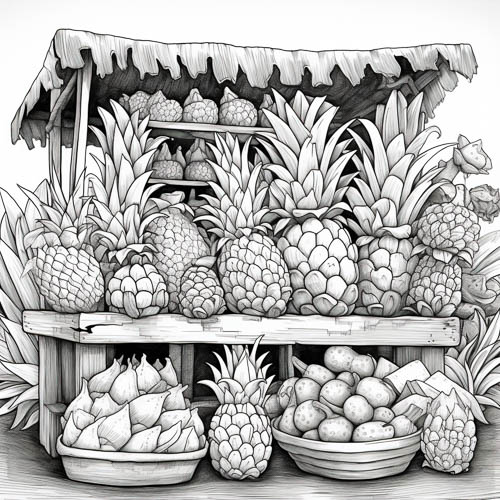 pineapples on wooden shelves under thatched roof abundance and rustic beauty unfolds