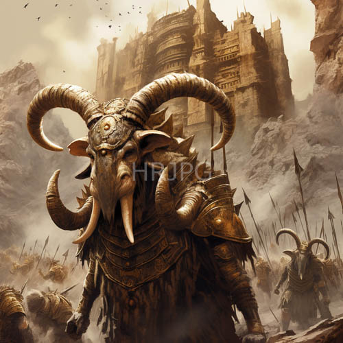 fantasy combat minotaur warriors amid ancient ruins under vast desolate sky