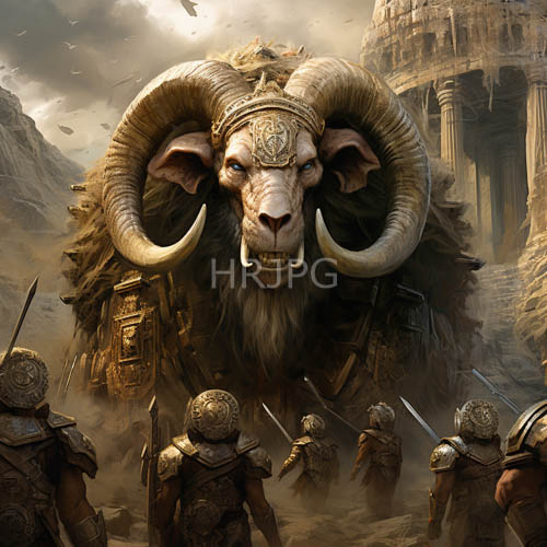 minotaurs confront armored warriors in misty ruins of ancient stone structures