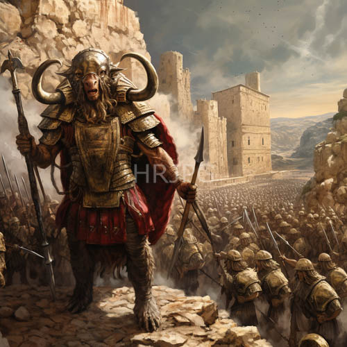 medieval fantasy warriors in romanstyle armor clash on rocky terrain under cloudy skies with dust clouds
