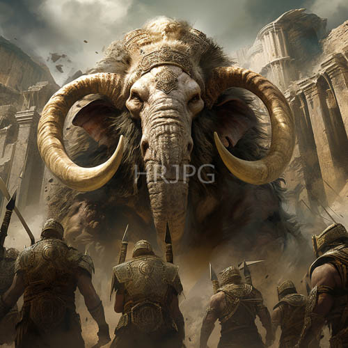 High Resolution: Massive curved elephants stand menacingly before ancient ruins under cloudy skies download. | HRJPG.com