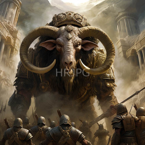 minotaurs confront ancient stone columns in thick swirling fog