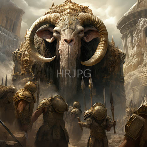 warriors confront cracked bullcreature amidst crumbling ruins amid dusty clouds