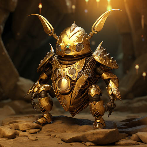 goldplated robots stand on rocky terrain in dimly lit cavern with insectoid features and glowing stone environment reflects off metallic surfaces