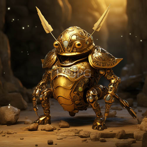golden robotic warriors stand vigilant in musty cavern depths under dim light